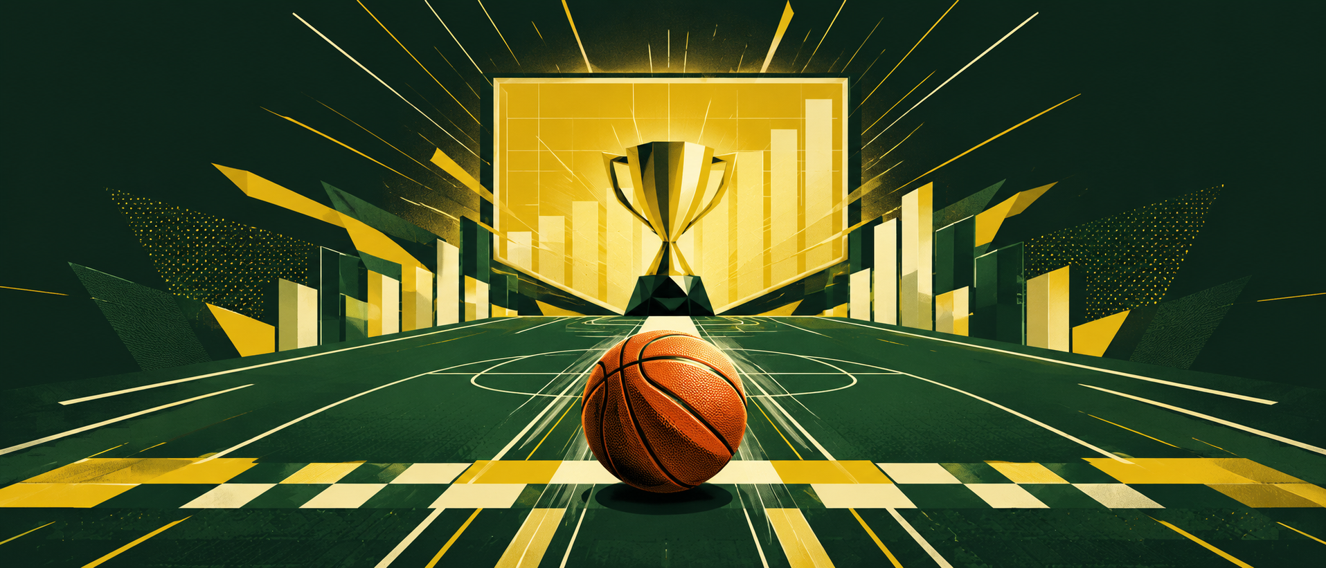 An illustrated basketball finish line and trophy representing the challenge to beat the 73-win record.