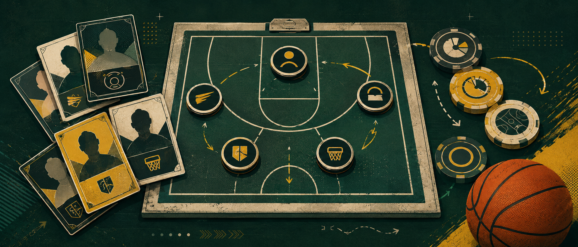 An illustrated basketball roster board showing five positions, draft cards, and a salary-cap strategy.